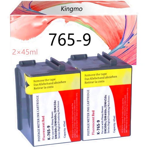 Kingmo 765-9 Fluorescent Red Postage Ink Cartridge : 2 Pack Replacement for Pitney Bowes PB 765-9 Ink for DM300c DM400c DM450c DM475c SendPro Mailstation Postage Meter (2×45ml)