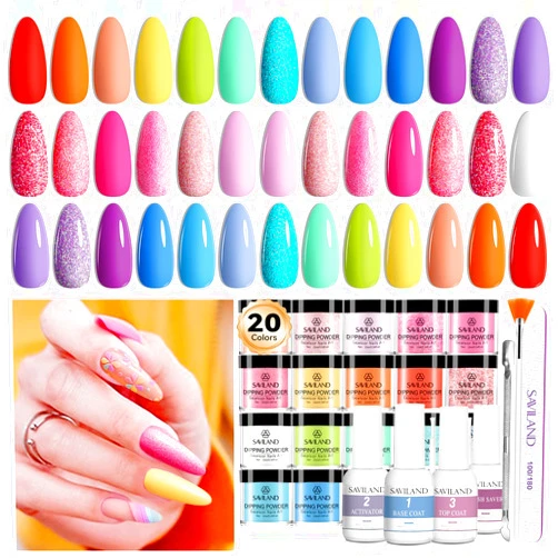 Saviland Dip Powder Nail Kit Starter 20 Colors Glitter Nude Pink White Blue Purple Dip Powder Liquid Set Base Top Coat Activator Dip Powder Kit French Nail Art Manicure Salon DIY at Home