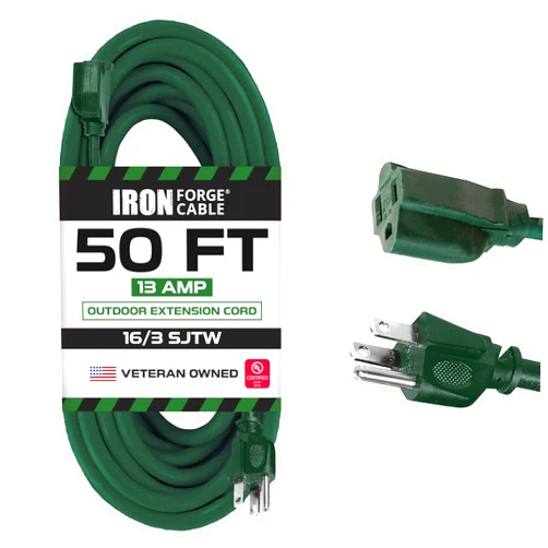 Iron Forge Cable Weatherproof Outdoor Extension Cord 50 ft, 16/3 SJTW Heavy Duty Green Extension Cord 3 Prong, 13 AMP Exterior Power Cable Great for Lawn & Landscaping - US Veteran Owned