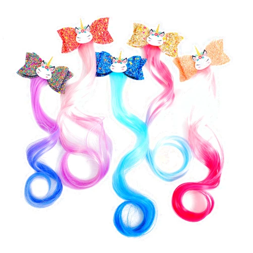 FQQF 5-Colors Unicorn Hair Clips Hair Accessories For Girls Glitter Hair Bows Braided Curly Wig Hair Extension For Kids Princess Dress Up（5PCS)