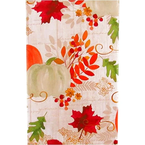 Elrene Home Fashions Autumn Pumpkins, Leaves and Berries on Wood Plank Background Vinyl Flannel Back Tablecloth (52