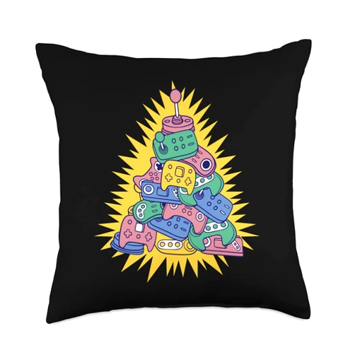 Gamer PC, Gaming Geschenke, lustige Sprüche Retro Video Game Christmas Tree for Men, Women and Children Throw Pillow, 18x18, Multicolor