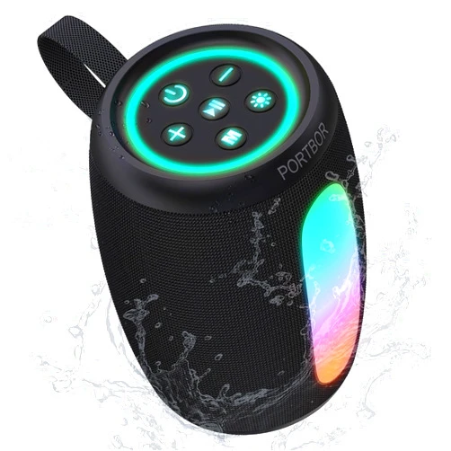 PORTBOR Bluetooth Speaker Portable Wireless,Powerful Sound with Lights/FM Radio, IPX5 Waterproof,TWS Pairing,for Outdoor Camping Beach Home,Him Her Ideal Gift
