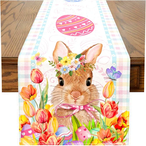 Unibyby Easter Table Runner 72 Inch Easter Bunny Eggs Table Runner Buffalo Plaid Check Decor for Kitchen Dining Table Home Party Decorations