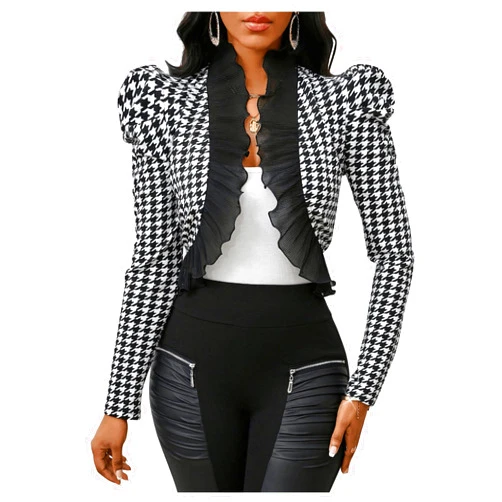 MakeMeChic Women's Open Front Ruffle Trim Jacket Puff Sleeve Crop Work Office Blazer Outerwear
