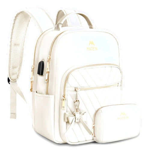 MATEIN Cute Backpacks for Women, Mini Stylish Daypack Purse with USB Charging Port, Waterproof Anti-theft Travel Casual Daily Rucksack Shoulder Handbag for Work College Dating, 2pcs Sets, Beige
