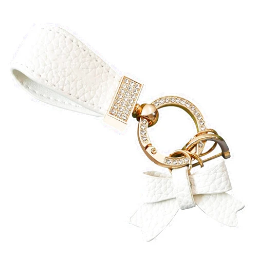 Arwrilt Bling Car Bow Leather Keychain with Rhinestones, Universal Accessory for Car Keys and Handbag Pendant,Cute Keychain for Women（White）