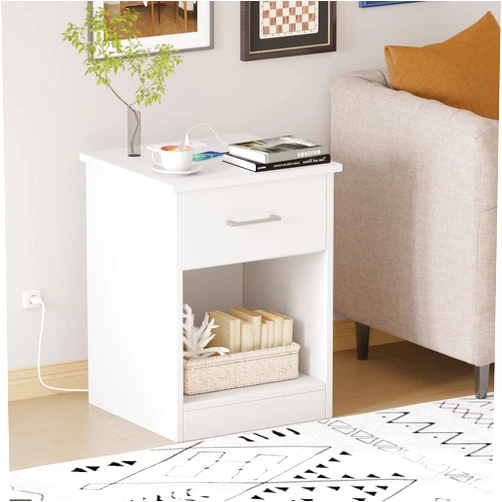 Reettic Nightstand with Charging Station and USB Ports & Power Outlets, Wooden End Table with Drawer and Opening Shelf, Side Table for Bedroom, White RCTG101WE