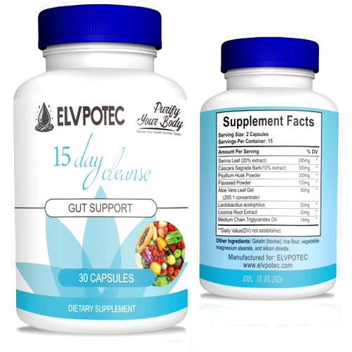 ELVPOTEC 15 Day Cleanse Formula - Gut and Colon Support | Advanced Gut Cleanse Detox with Senna, Cascara Sagrada & Psyllium Husk | Non-GMO | Made in USA | 30 Capsules