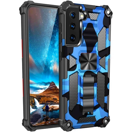Bhuuno Samsung Galaxy S21 Phone Case,SZYZ Camouflage Sturdy Phone Case with Heavy Duty Shockproof Military Grade Anti-Fall Protection and Built-in Magnetic Cover for Samsung Galaxy S21, MC Dark Blue