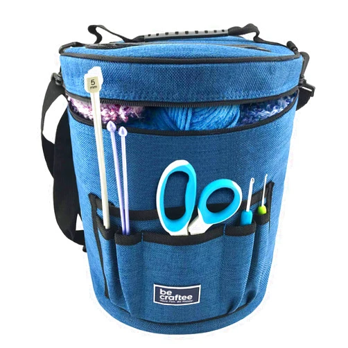 BeCraftee XL Crochet Bag - Large Craft Organizer to Store Crocheting & Knitting Supplies - Portable Yarn Storage with 7 Pockets for Tools, Shoulder Strap and Handle - Blue | Easy to Carry, Tangle Free
