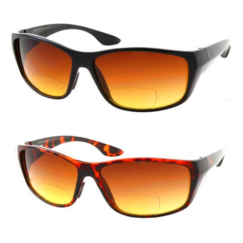 Wise Eyewear 2 Pair Bifocal Sun Reader Sport and Wrap Around Reading Sunglasses - Amber Tint Great for Driving and Fishing