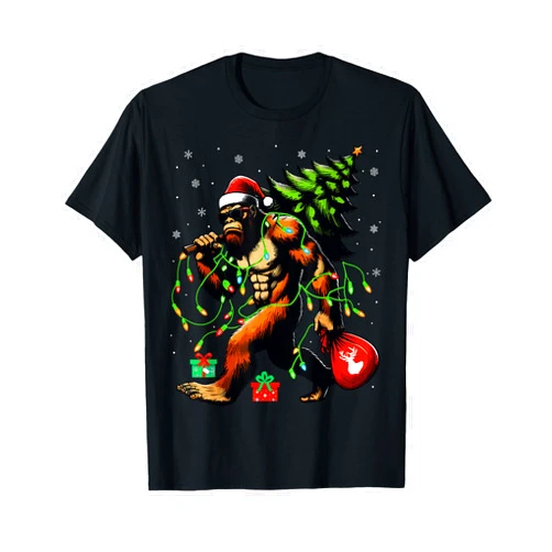 Bigfoot Santa Christmas Tree Sasquatch Pajamas Santa Bigfoot Christmas Tree Xmas Lights Funny Sasquatch T-Shirt