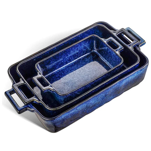 VICRAYS Ceramic Bakeware Set, Porcelain Rectangular Lasagna Pans Casserole Dish Set for Baking, Cooking, Kitchen, Cake Dinner, Banquet and Daily Use, 3 PCS, 15 x 8.5 Inches(Blue)