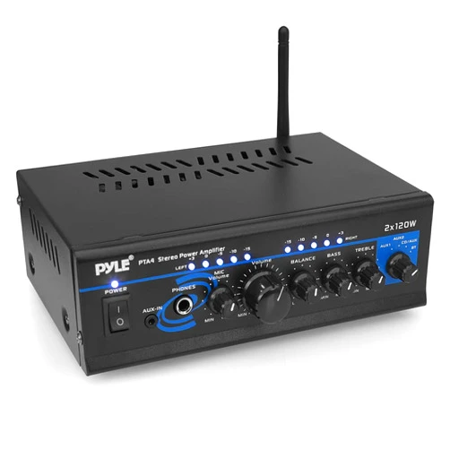 Pyle Home Audio Power Amplifier System - 2X120W Mini Dual Channel Mixer Sound Stereo Receiver Box w/ RCA, AUX, Mic Input - For Amplified Speakers, PA, CD Player, Theater, Studio Use - Pyle PTA4 Black
