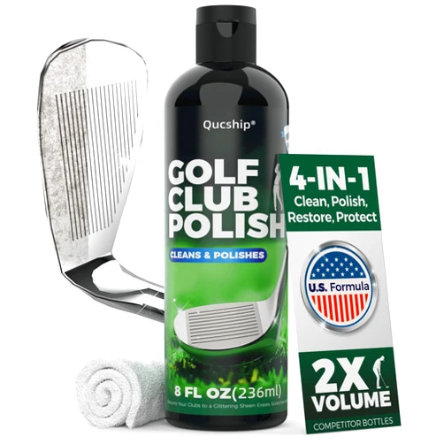 Qucship 8oz Golf Club Polish with Towel, 4-in-1 Golf Club Polishing kit - Easy to Use Golf Club Cleaner and Scratch Remover, Long Lasting Golf Club Polish for Metal, Zinc, Aluminum & Steel Clubs