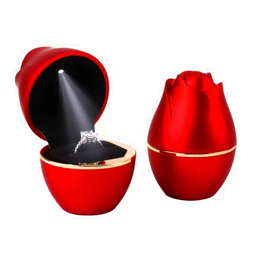 Rolin Roly Red Ring Box with LED Light Rose Jewelry Ring Case Jewellry Display Gift Boxes for Wedding Ring Box Ceremony Engagement Proposal Anniversary