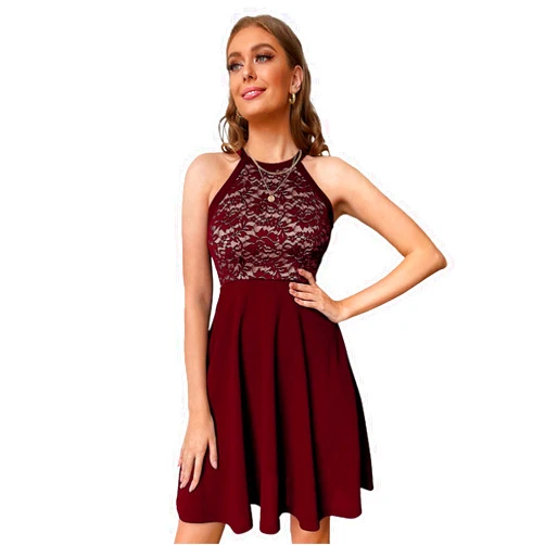 WDIRARA Women's Floral Lace Halter Zipper Back Sleeveless Flared A Line Summer Dress