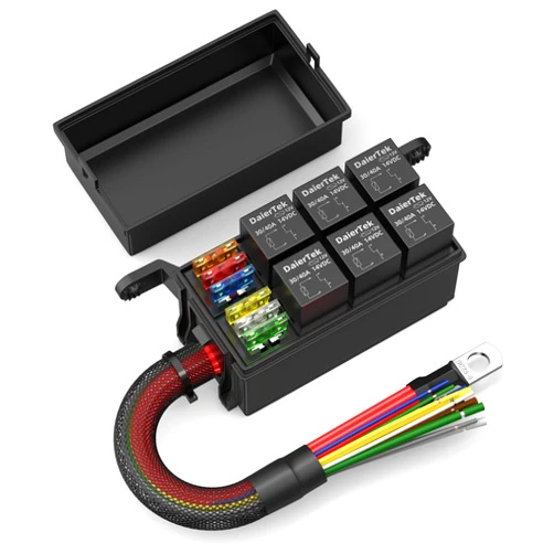 DaierTek 12V Relay Box 6 Way Relay Fuse Box 12 AWG Pre-Wired Waterproof Relay Box 6 Slot ATC/ATO Fuse Relay Block Universal Relay Panel for Automotive Car Marine Boat