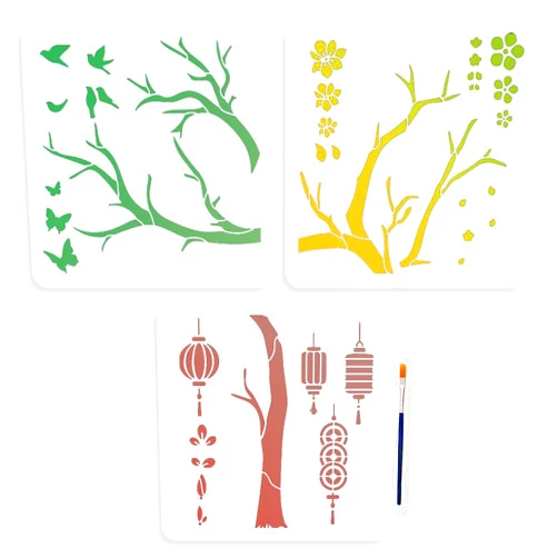 MAYJOYDIY 3pcs Chinese Style Tree Stencil 23.7×22 Splicing Large Traditional Flower Birds Tree Stencils with Paint Brush Spring Peach Blossom Lantern 11.8×11.8inch Template for Wood Walls Art Craft