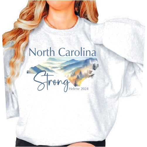 PinkCloverUSA North Carolina Strong Sweatshirt, NC Hurricane Helene Survivor Shirt, Western NC Storm Sweatshirt for Hurricane Helene Victims and Rescuers (L, Ash)