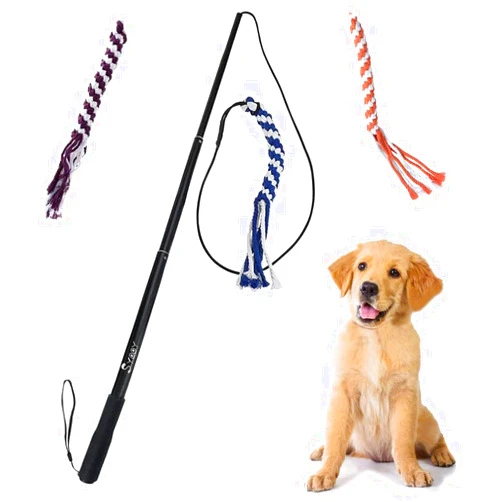 SYOOY Flirt Pole for Dog, Interactive Dog Toys for Dogs Chase and Tug of War, Dog Teaser Wand with 3 Fleece Rope Toy, Pet Flirt Stick Pole for Small Medium Large Dogs Training Exercise
