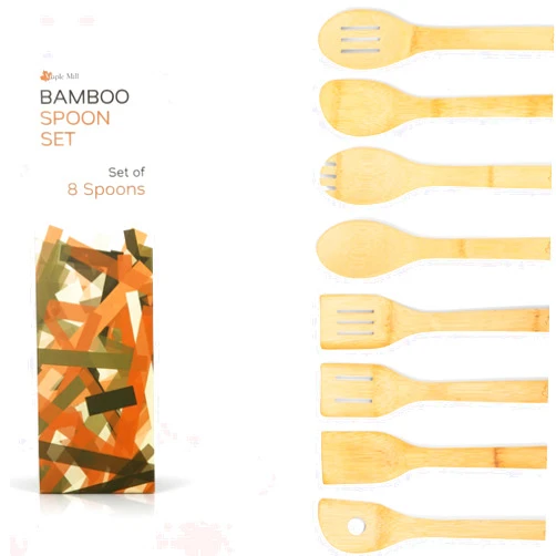 MAPLE MILL Bamboo Spoons for Cooking - Set of 8 Spoons - Wooden Cooking Spoons - Non-toxic & Organic Bamboo Cooking Utensils with Spoon Set & Spatula - Premium Kitchen Utensils