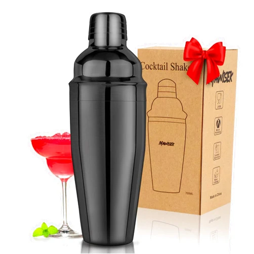 Mawisek Cocktail Shaker 25oz Martini Shaker Bar Shaker Drink Shaker Bar tools with Built-In Strainer for Bartender, Professional 18/8 Stainless Steel Margarita Mixer for Mixed Drinks (Black)