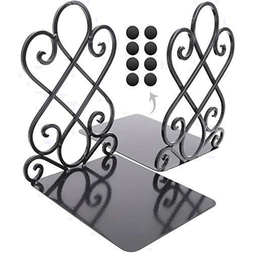Anwenk Vintage Bookends with Felt Pads 2.2LB Heavy Duty Bookend Holder Long Base, Luxury Art Book Stand Retro Antique Style,Non-Skid Felt Pads to Protect Bookshelf Bookcase-Black,1 Pair
