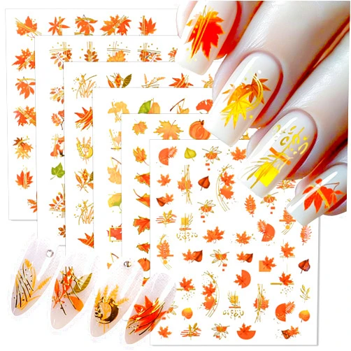 KTAABTR Fall Maple Leaf Nail Art Stickers Decals Holographic Glitter Self-Adhesive Nail Decals Design Autumn Leaves Nail Stickers for Women DIY Manicure Thanksgiving Nail Decoration Supply 6 Sheets