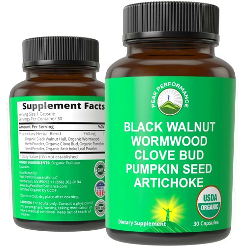Peak Performance USDA Organic Wormwood Black Walnut Clove Cleanse for Humans. Elimination Detox + Intestinal Support Capsules Supplement for Adults and Kids. Pills with Artichoke and Pumpkin Seed for Added Benefits