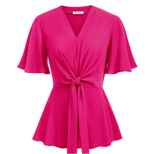 GRACE KARIN 2024 Women's Elegant V Neck Peplum Tops Tie Front Short Bell Sleeve Shirts Tops Blouse