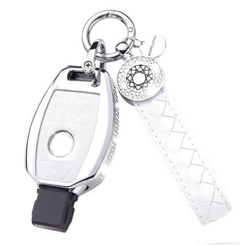 SHANGHONG for Mercedes Benz Key fob Cover with keychain, Leather Crystal Key Case Protector Fit for Mercedes Benz A B C E G K R S Class AMG Smart Remote Key (White)