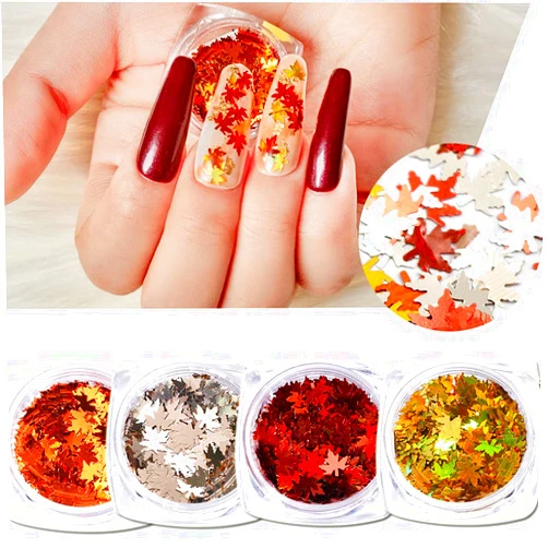 HANSAMU Fall Nail Art Maple Leaf Shape Holographic Glitter Flake Sequins, Red Yellow Silver Orange 4 Mixed Colors Manicure Tips for Acrylic Nail Kits, Women Nail Art Supplies Nail Decor Accessories.