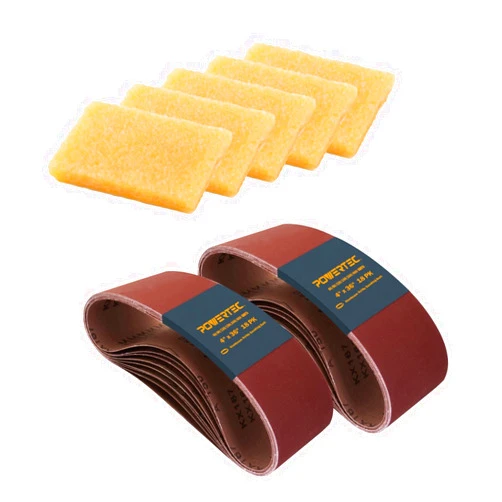 POWERTEC 11011-7 4 x 36 Inch Sanding Belts and Abrasive Belt Cleaner Set | Aluminum Oxide Sanding Belt Assortment 18 Pack, Sandpaper for Belt and Disc Sander with 5pc Natural Rubber Eraser