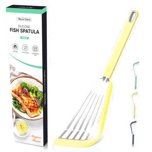 Maywe Tanso Nonstick Fish Spatula,Maywe Tanso Thin Slotted Spatulas Turner Silicone Fish Spatulas for Nonstick Cookware,High Heat Resistant BPA Free Cooking Utensils,Ideal for Fish,Eggs,Pancakes(Yellow)