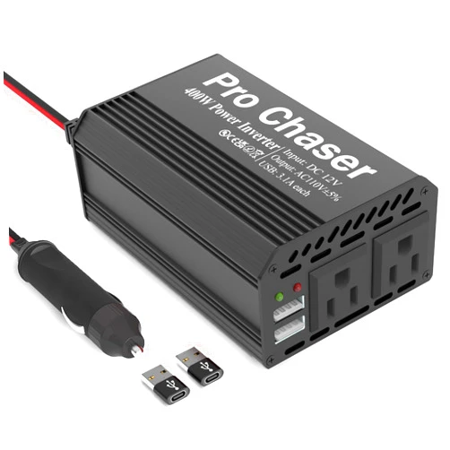 Pro Chaser 400W Car Power Inverter 12V DC to 110V AC Car Truck RV Inverter 6.2A Dual USB Charging Ports for Road Trips (USB C Adaptors Included) (Black)