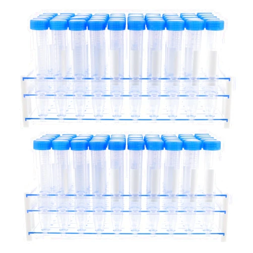 Scicalife 100pcs Clear Test Tube with Caps 15ml Mini Lab Tube Test Vail with Storage Rack 50 Hole for Science Laboratory Experiments Supplies