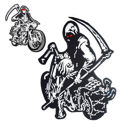 Phraya patch Grim Reaper Ghost Skull Rider Small & Large Embroidered Back Patches for Motorcycle Jacket & Biker Vest (Set of 2)