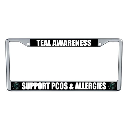 1080 Graphics Teal Awareness Ribbon with Cute Hearts Support Allergies PCOS Polycystic Ovarian Syndrome Teal Blue Awareness Ribbon in Light Blue License Plate Frame (2 Pack), Chrome Car Tag Holder