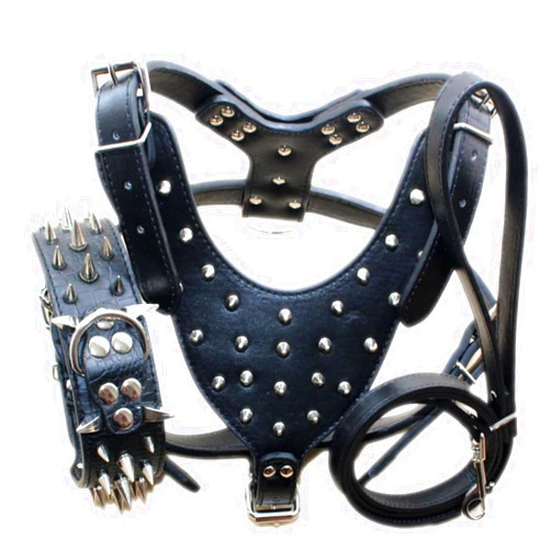 Pimaodog Leather Spiked Studded Harnesses, Collars & Leashes 3Pcs Matching Set for Medium & Large Dogs Pitbull,Mastiff, Boxer, Bull Terrier (Black1, L)