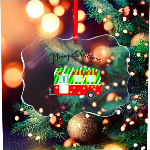 DOREENABE Merry Christmas Happy Camper Clear Ornament Christmas Camping Lover Xmas Camping Truck Tree Camper Gift Personalized Acrylic Ornament Holiday Ornament for Home Christmas Tree Decor