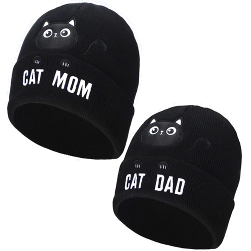 Geyoga 2 Pcs Christmas Cat Beanie for Women Cat Lover Gifts Cat Mom Beanie Hats Winter Knitted Dad Hat for Women Men
