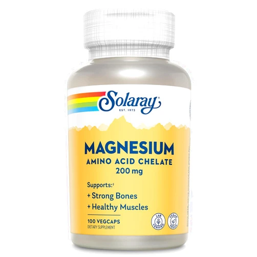 Solaray Magnesium Amino Acid Chelate 200 mg, Chelated Magnesium Supplement for Bone Health, Heart Health and Muscle Function Support, Vegan, 60-Day Money Back Guarantee, 100 Servings, 100 VegCaps