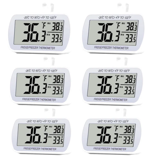 RIY 6 Pack Digital Refrigerator Thermometer Fridge Freezer Room Thermometer Waterproof Large LCD Display Max/Min Record Function, White