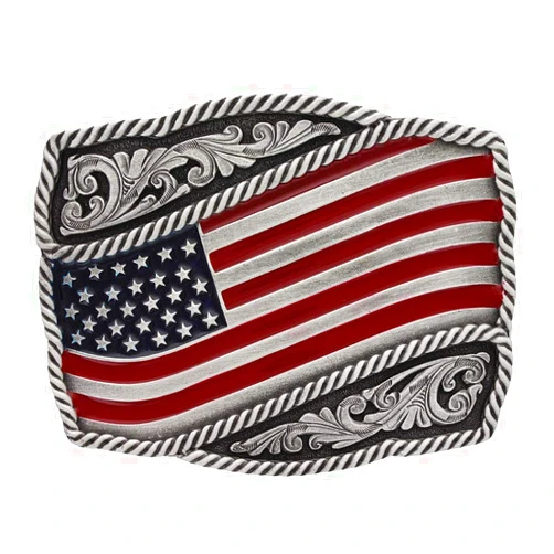 Montana Silversmiths American Flag Series Attitude Western Buckle (Red White Blue Waving Flag)