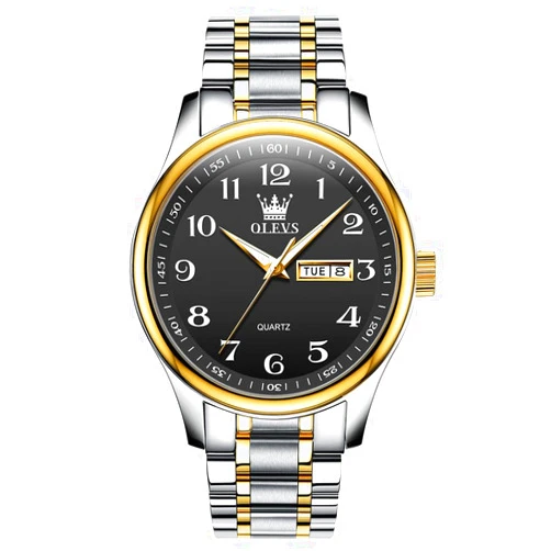 OLEVS Men's Casual Stainless Steel Watch, Big Face Easy to Read Analog Quartz Watch with Day and Date, Classic Waterproof Diamond Roman Arabic Numerals Dial Dress Watch for Men, Gold Silver Black Band