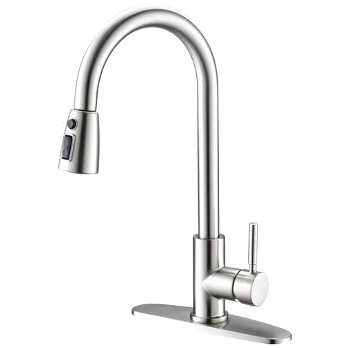 VALISY Kitchen Faucet with Pull Down Sprayer, Lead-Free Modern Single Handle Pull Out Brushed Nickel Kitchen Sink Faucet, High-Arc Pullout Faucets for Kitchen RV Laundry Utility Sinks with Deck Plate