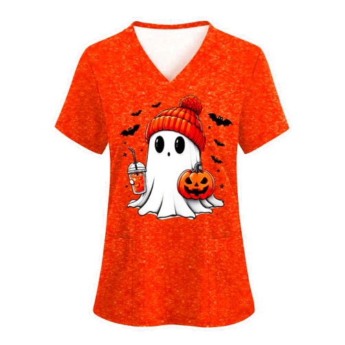 LOMON V Neck Print Scrub Tops for Women Short Sleeve Scrub Shirts Stretchy Holiday Nurse Uniform with 2 Pockets