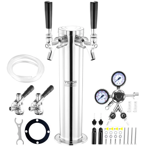 VEVOR Kegerator Tower Kit, Dual Taps Beer Conversion Kit, Stainless Steel Keg Beer Tower Dispenser with Dual Gauge CGA320 Regulator & D-System Keg Coupler, Self-Closing Spring for Party Bar Home